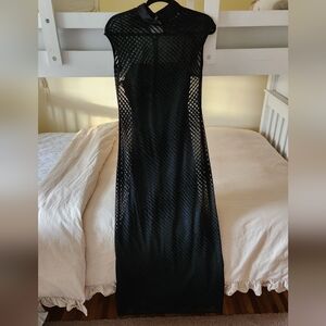 Vtg 90s CDC Evening Dress Velvet Asian Collar Sheer Shimmer Goth Gown Grunge 6